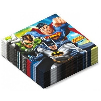 guardanapos de papel com super-heróis e texto Justice League