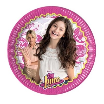 Prato de papel Rosa Soy Luna com imagens de duas raparigas