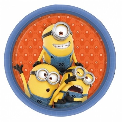 Prato redondo de papel azul com imagem de três Minions em fundo laranja