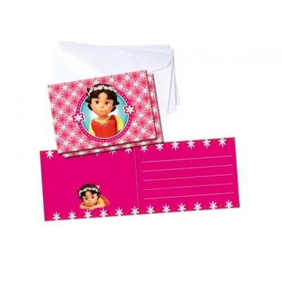 Cartões postais cor-de-rosa com flores e personagem infantil com coroa de flores
