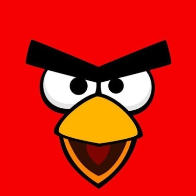 Pássaro vermelho cartoon com sobrancelhas grossas e bico amarelo