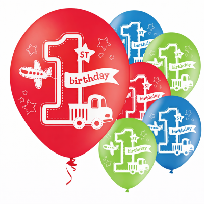 Balões coloridos para 1º aniversário com desenhos de caminhão e avião