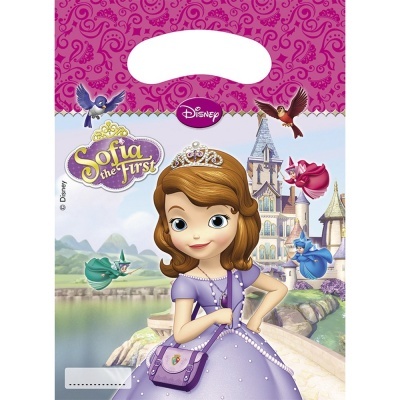 Saco de presente infantil roxo com personagem Sofia the First e castelo ao fundo