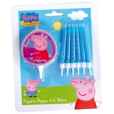 Conjunto figura Peppa Pig e 6 velas azuis em blister com cartão colorido
