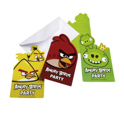 Convites de festa Angry Birds coloridos com personagens e texto