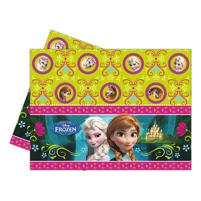 Toalha de mesa colorida com personagens Disney Frozen e padrões florais