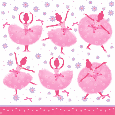 Ilustração de bailarinas em vestidos rosa com flores e laços, em várias poses, fundo branco com flores lilás e rosa.
