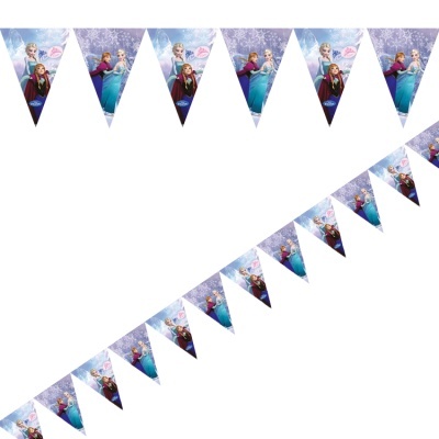 Bandeirolas triangulares tema Frozen com Elsa e Anna em fundo azul e lilás