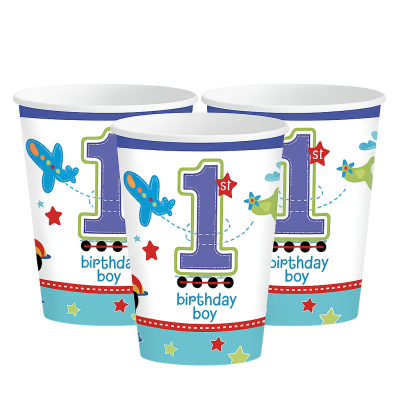 Conjunto de copos de papel coloridos para 1º aniversário de menino com aviões e estrelas