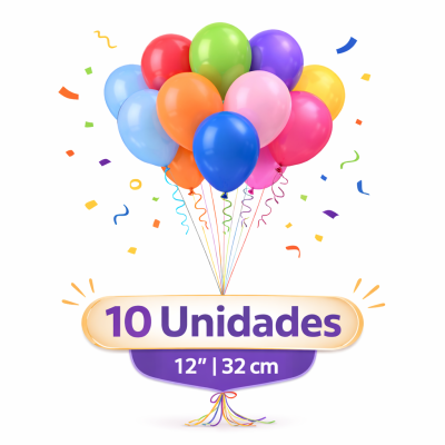Balões coloridos com texto 10 Unidades e tamanho indicado