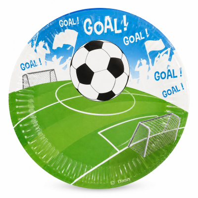 Prato de papel com tema de futebol verde e azul com a palavra GOAL
