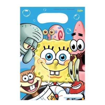 Saco plástico azul com personagens de Bob Esponja