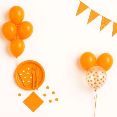 Decoração de festa laranja com balões, pratos, guardanapos com bolas, talheres e bandeirola