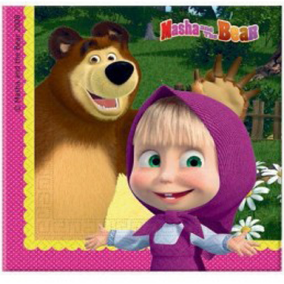 Personagens Masha e o Urso num cenário verde com flores, texto colorido Masha and the Bear