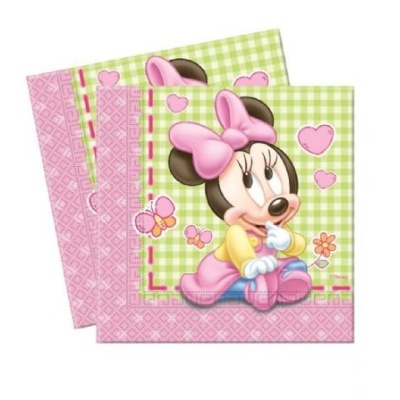 Guardanapos de papel com estampa da personagem Minnie bebé em fundo rosa e verde