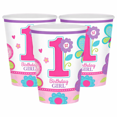 Conjunto de três copos de papel decorados para festa de aniversário de menina de 1 ano