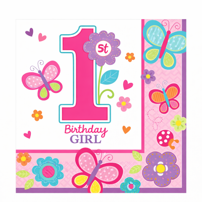 Toalhete de papel rosa com design de 1st Birthday Girl e borboletas coloridas