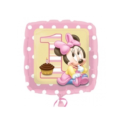 Balão quadrado rosa com bolas brancas e personagem Minnie bebé com número 1