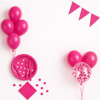 Decoração de festa cor-de-rosa com balões, prato, guardanapos, talheres e confetes.