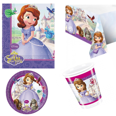 Artigos de festa Sofia the First com vasos lilás e personagens Disney