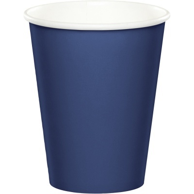 Copo descartável de papel azul escuro com interior branco