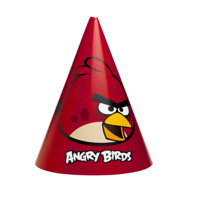 Chapéu de festa vermelho com personagem Angry Birds e texto