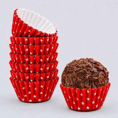 Forminhas vermelhas com estrelas brancas e brigadeiro com raspas de chocolate