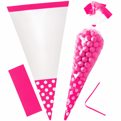 embalagem para cones de plástico transparente e rosa com bolinhas