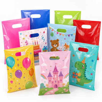 Sacolas plásticas coloridas para festas com desenhos infantis e alças ovaladas