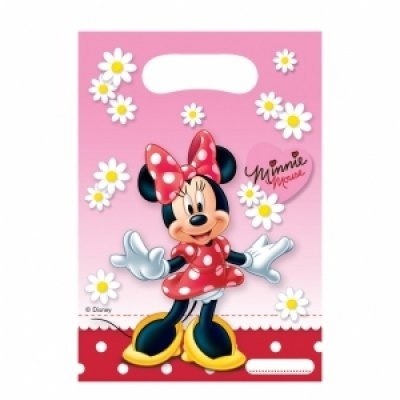 Saco plástico cor-de-rosa com margaridas e Minnie Mouse em vestido vermelho com polka dots