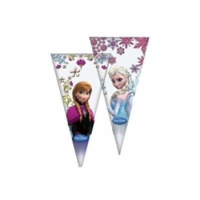Cones de papel com imagens das personagens Anna e Elsa de Frozen com padrões florais