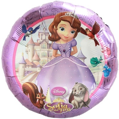 Balão lilás com personagem Sofia the First e animais