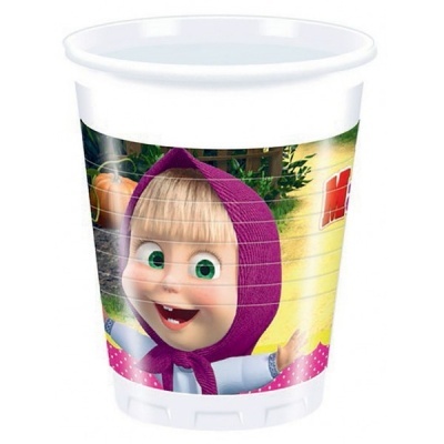 Copo de plástico branco com personagem infantil loira de capucho roxo