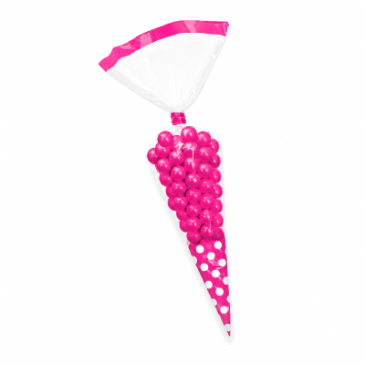 Saco cone transparente com bolas cor-de-rosa e padrão de bolinhas brancas rosa.