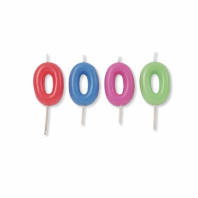 Quatro velas de aniversário em forma de número zero coloridas