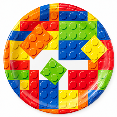 Prato de papel com padrão colorido de blocos tipo LEGO