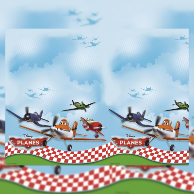 Imagem com personagens aviões da Disney em fundo azul com logotipo e padrão xadrez.
