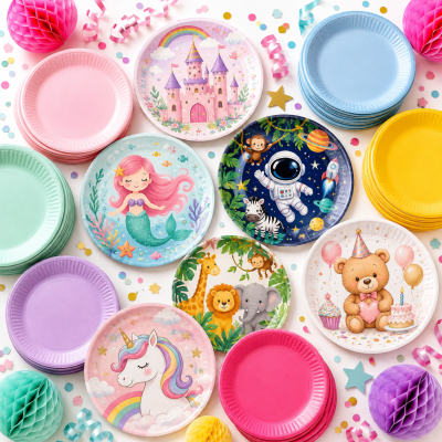 Pratos de papel decorativos coloridos para festa infantil com vários desenhos e confetes