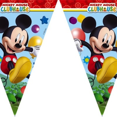 Bandeirolas triangulares com imagem colorida do Mickey Mouse e texto MICKEY MOUSE CLUBHOUSE