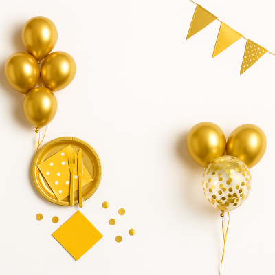 Decoração de festa dourada com balões, pratos, guardanapos e talheres
