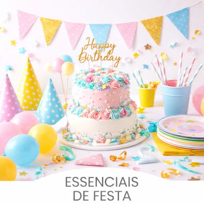 Bolo de aniversário decorado com balões e acessórios de festa coloridos em fundo claro