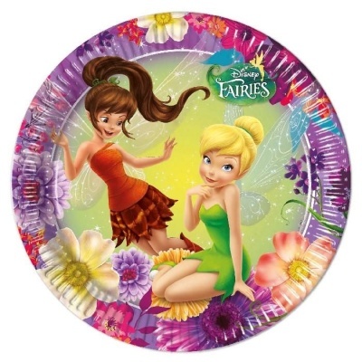 Prato redondo com desenho das personagens Disney Fairies e flores coloridas
