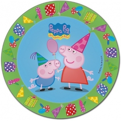 Prato redondo Peppa Pig com borda verde decorada e personagens no centro