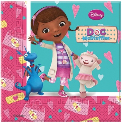Embalagem decorativa com personagens da série Disney Doc McStuffins e elementos coloridos