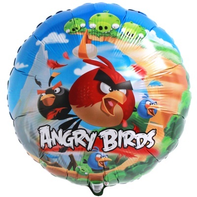 Balão metálico redondo colorido com personagens Angry Birds e texto ANGRY BIRDS.