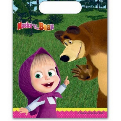 Saco de plástico com personagens Masha e o urso em ambiente natural