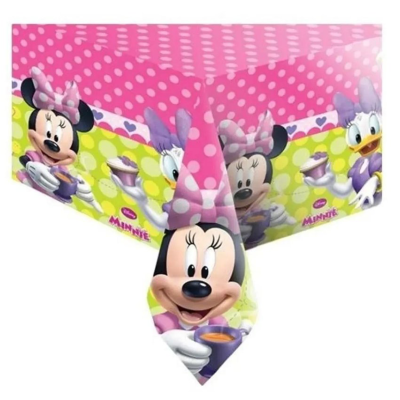 Toalha de mesa com estampa Minnie e Margarida em rosa e verde com bolinhas.