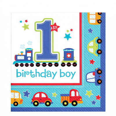 Guardanapo de papel colorido com desenhos de carrinhos e comboio para festa de aniversário