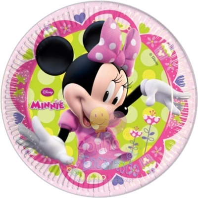 Prato descartável papel Minnie Disney verde rosa com flores e corações