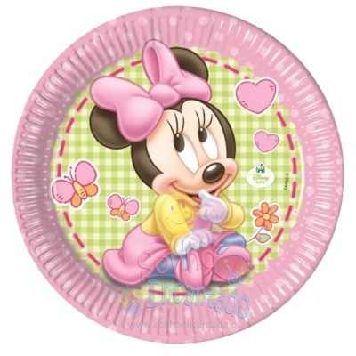 Prato de papel decorado com Minnie bebé, fundo xadrez verde e rosa e corações